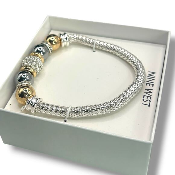 NEW Nine West Tri-Tone Pave Fireball Stretch Bracelet Silver Gold Gray Beaded - Picture 6 of 8